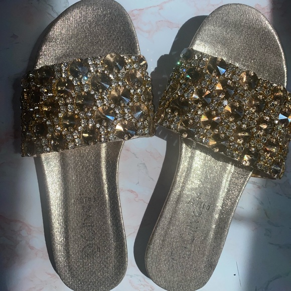 Gold Jeweled Slide Sandals, size 6-6.5 - Picture 1 of 9